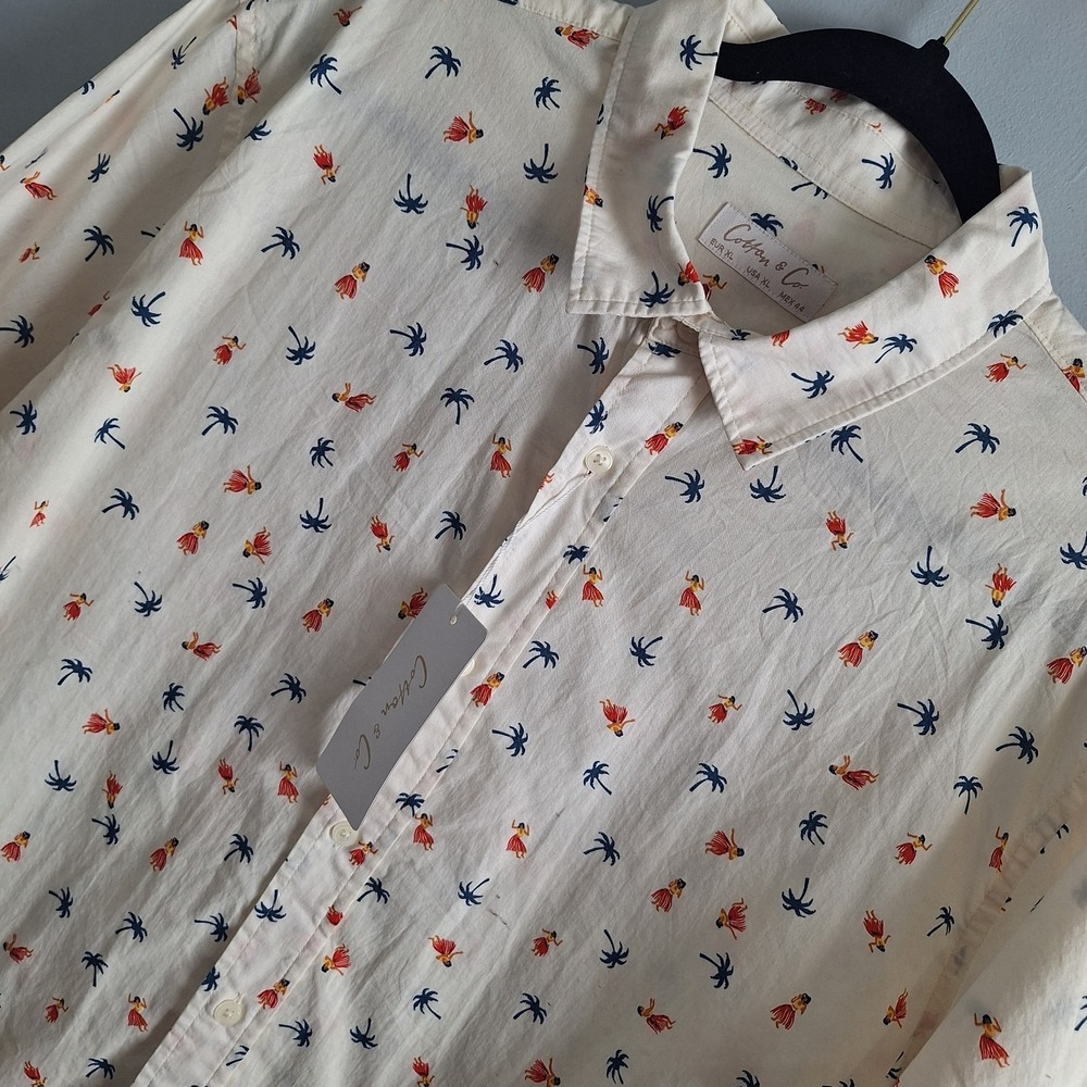 Cotton & Co. Novelty Hulu Girl Button Up Shirt Mens XL Resort‎ Vacation Coastal
